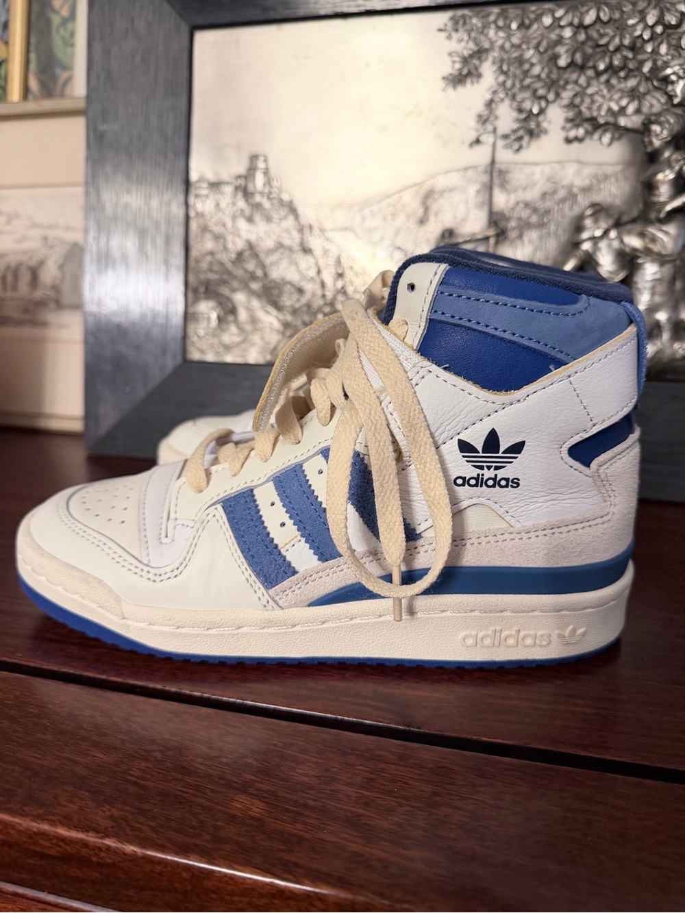 Adidas Forum 84 high boys sneakers size 4 off white and blue LIKE NEW